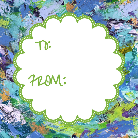Scalloped square enclosure gift tags with Lagoon abstract art
