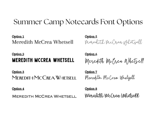 Font options chart showing eight lettering styles for personalized summer camp notecards