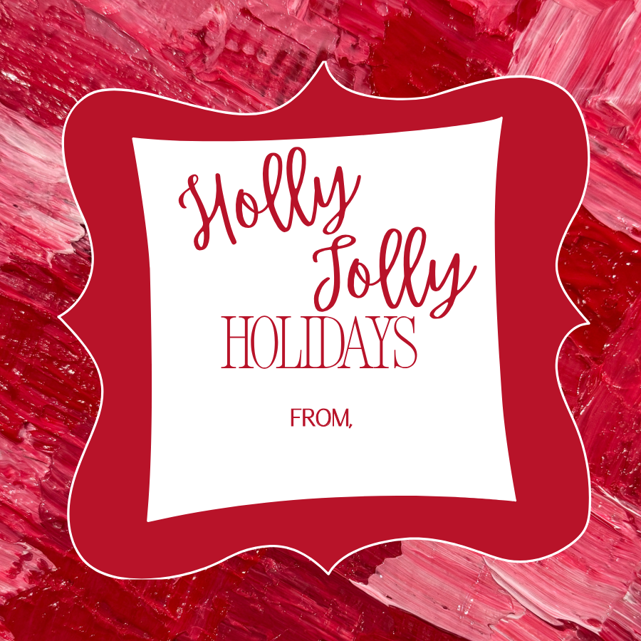 Christmas square enclosure gift tag reading ‘Holly Jolly Holidays’ over So Jolly abstract art