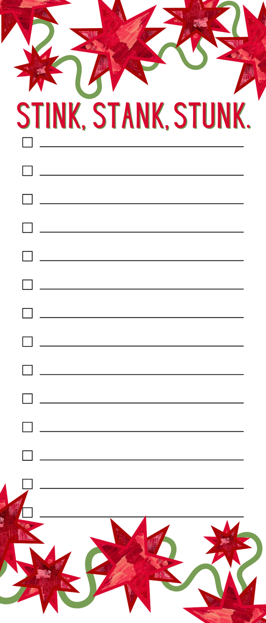 Christmas list notepad reading ‘Stink, Stank, Stunk’ over So Jolly abstract art