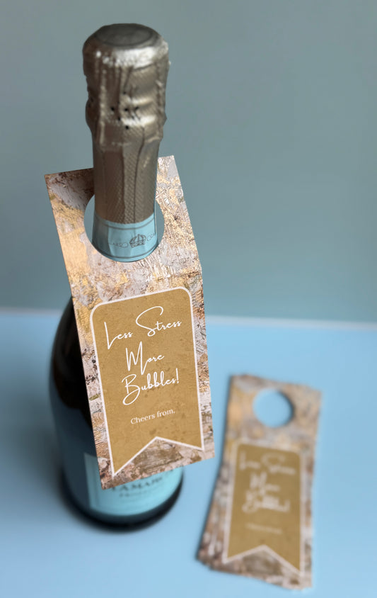 Less Stress More Bubbles wine bottle gift tag with abstract art