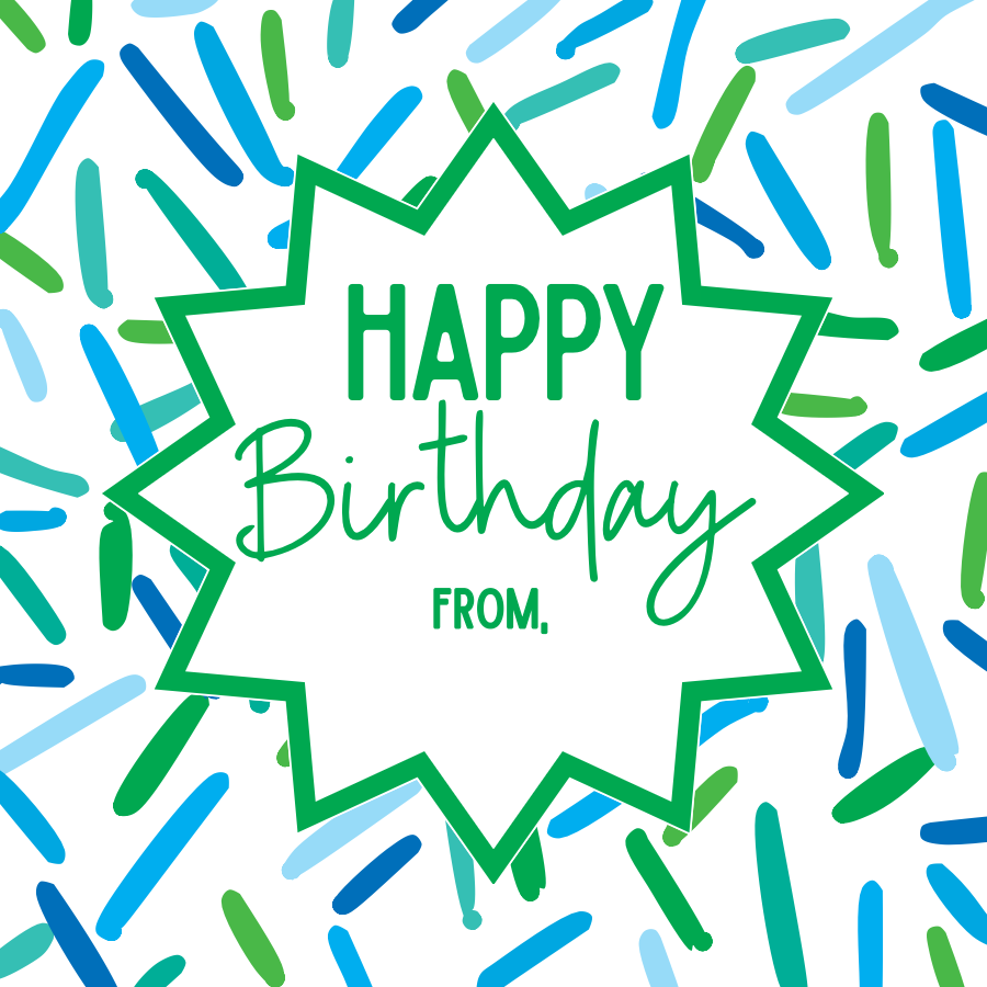 Happy Birthday gift tag with a green starburst frame over Big Bash Blue sprinkle art