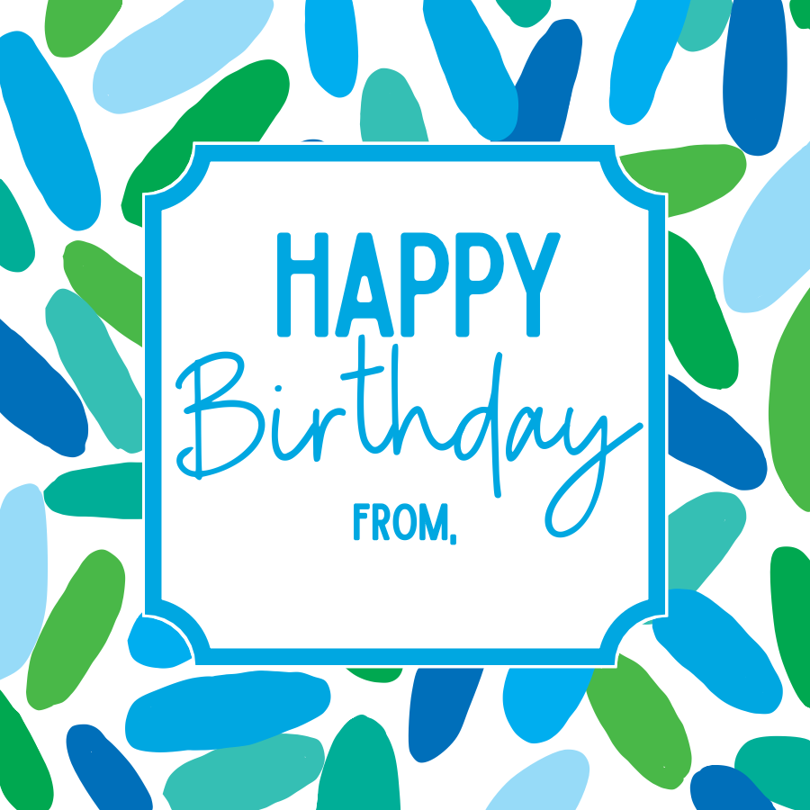 Happy Birthday gift tag with a blue square frame over Big Bash Blue sprinkle art