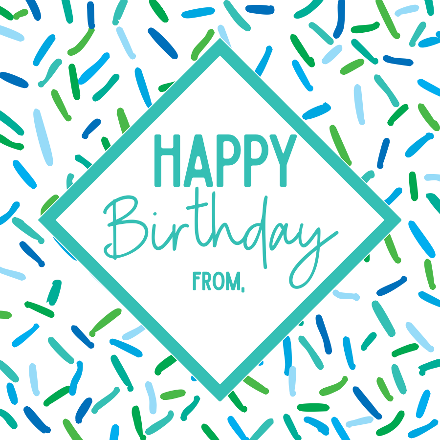 Happy Birthday gift tag with a teal diamond frame over Big Bash Blue sprinkle art