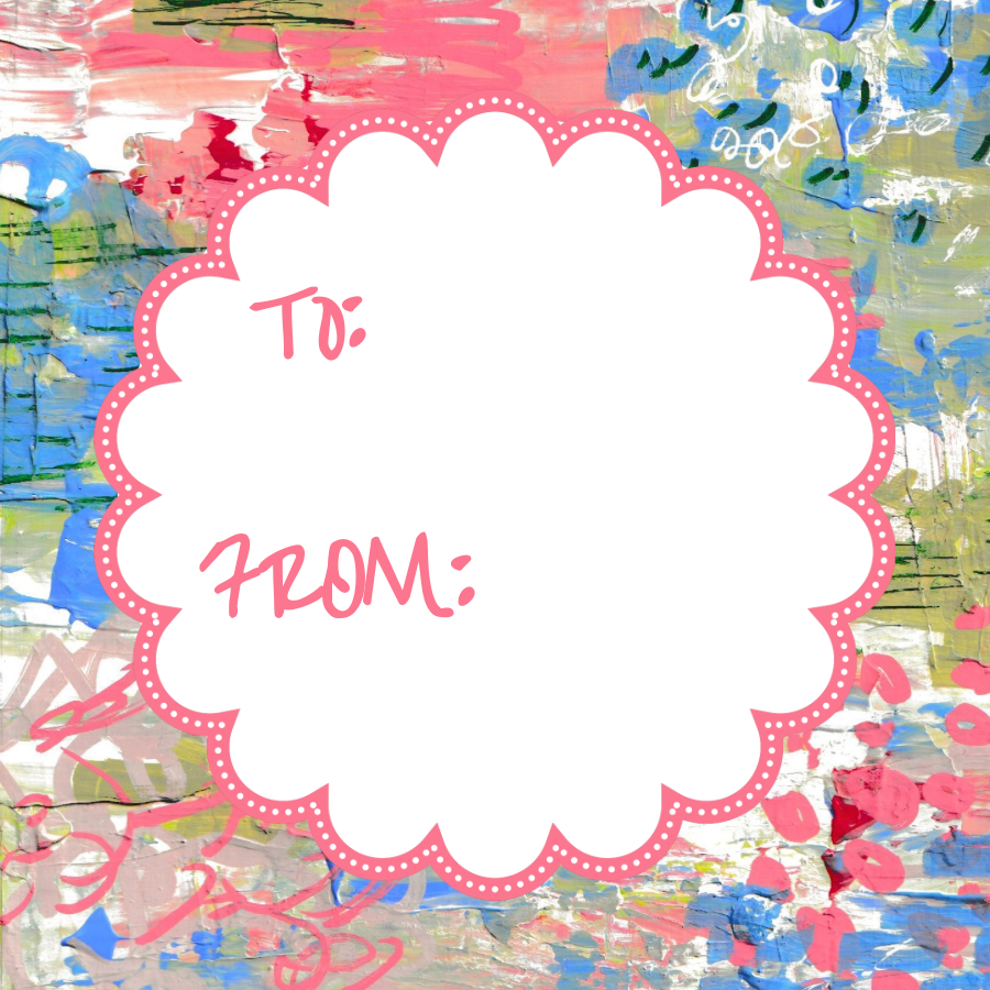 Scalloped square enclosure gift tags with Blue Hydrangeas and Peach Peonies art