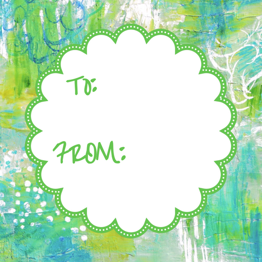 Scalloped square enclosure gift tags with Warmer Weather abstract art