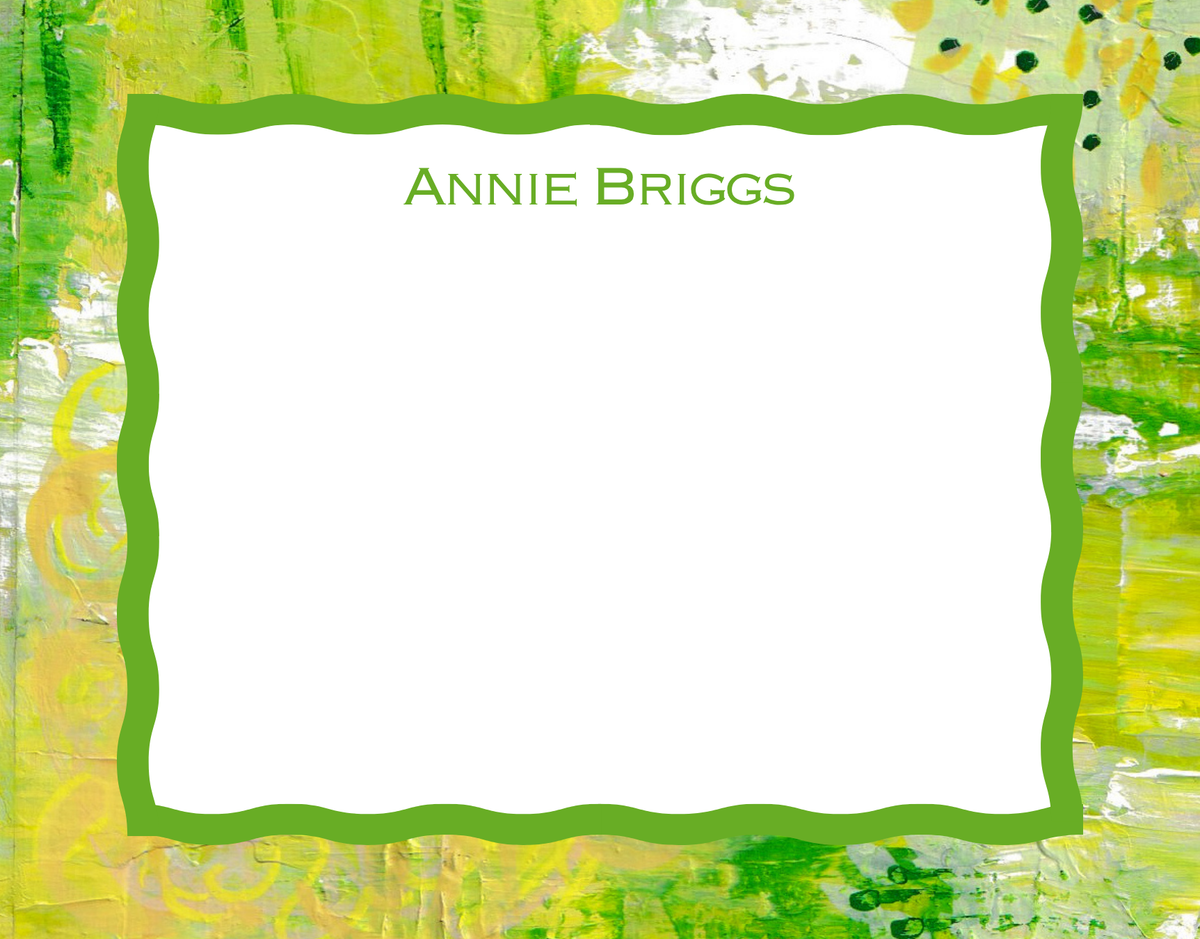 Wavy personalized notecard set with Spring Greens abstract art