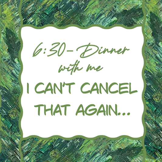 Christmas paper coaster reading ‘6:30 – Dinner with Me’ over Cedar & Pine abstract art