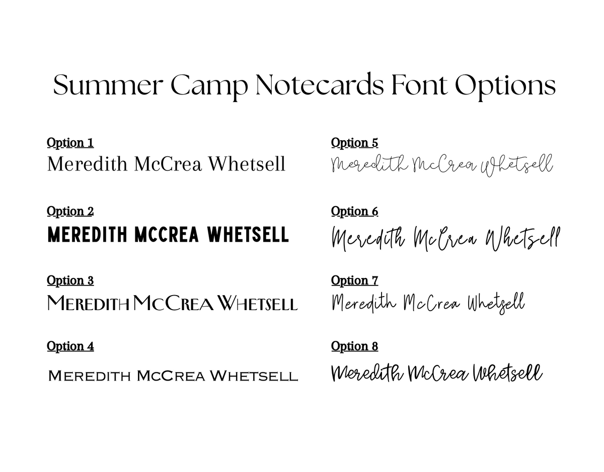 Font options chart showing eight lettering styles for personalized summer camp notecards